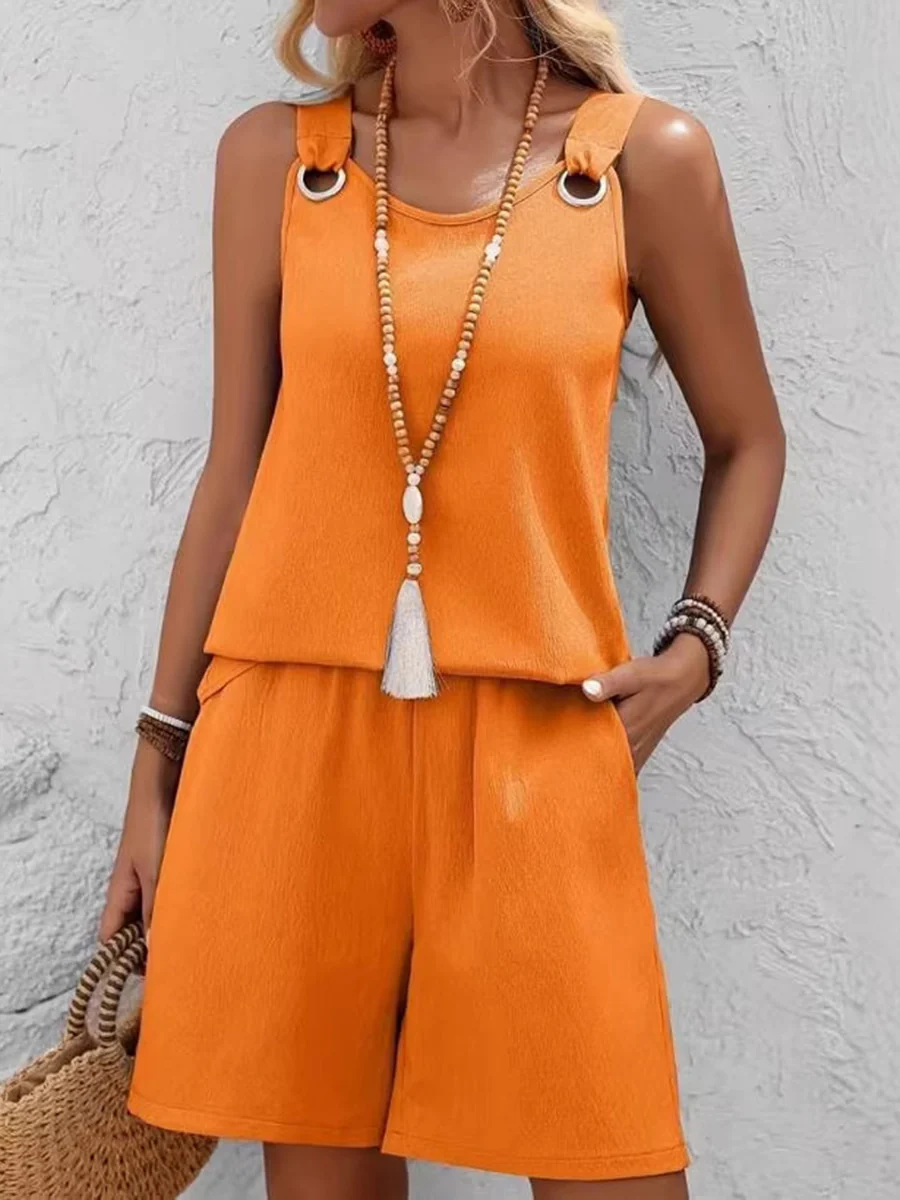 Loose Solid Color Round-Neck Sleeveless Hollow Blouses&Shirts Tops + Pockets Shorts Bottoms Two Pieces Set - Image 20