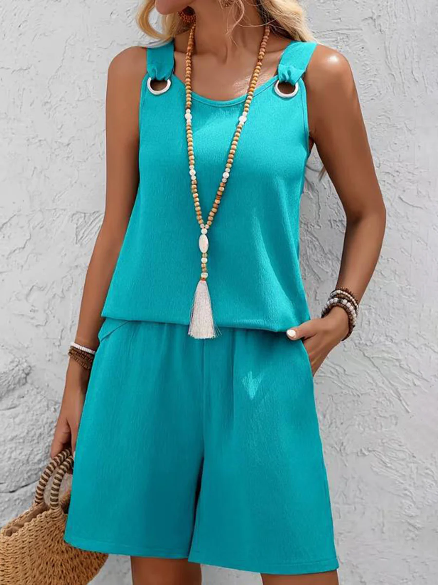 Loose Solid Color Round-Neck Sleeveless Hollow Blouses&Shirts Tops + Pockets Shorts Bottoms Two Pieces Set - Image 4