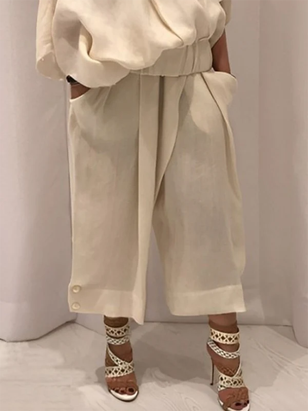 Loose Wide Leg Buttoned Solid Color Casual Pants Bottoms Trousers