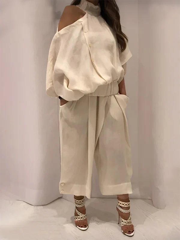 Loose Wide Leg Buttoned Solid Color Casual Pants Bottoms Trousers - Image 2