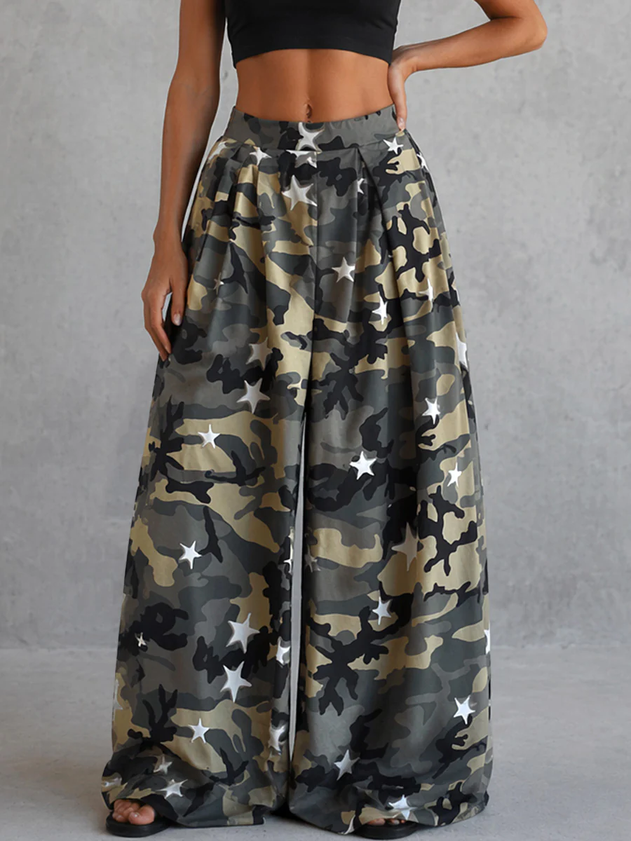 Loose Wide Leg Camouflage Contrast Color Elasticity Pockets Printed Pants Trousers