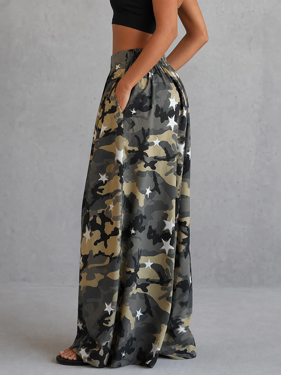 Loose Wide Leg Camouflage Contrast Color Elasticity Pockets Printed Pants Trousers - Image 2