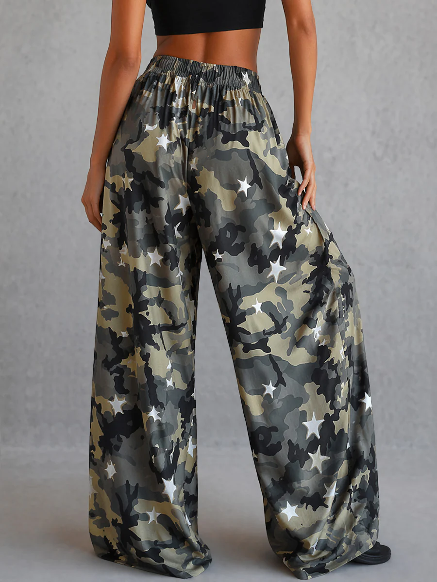 Loose Wide Leg Camouflage Contrast Color Elasticity Pockets Printed Pants Trousers - Image 3