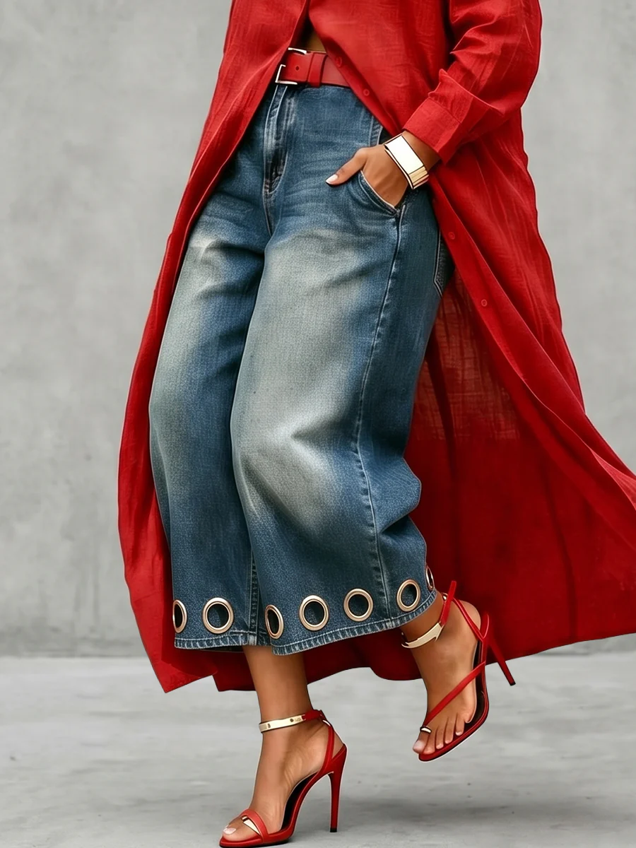 Loose Wide Leg Hollow Pockets Jean Pants Bottoms - Image 2
