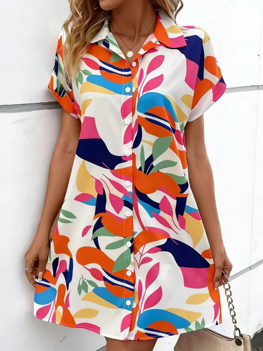 Short Sleeves Buttoned Contrast Color Printed Lapel Mini Dresses Shirt Dress - Image 10