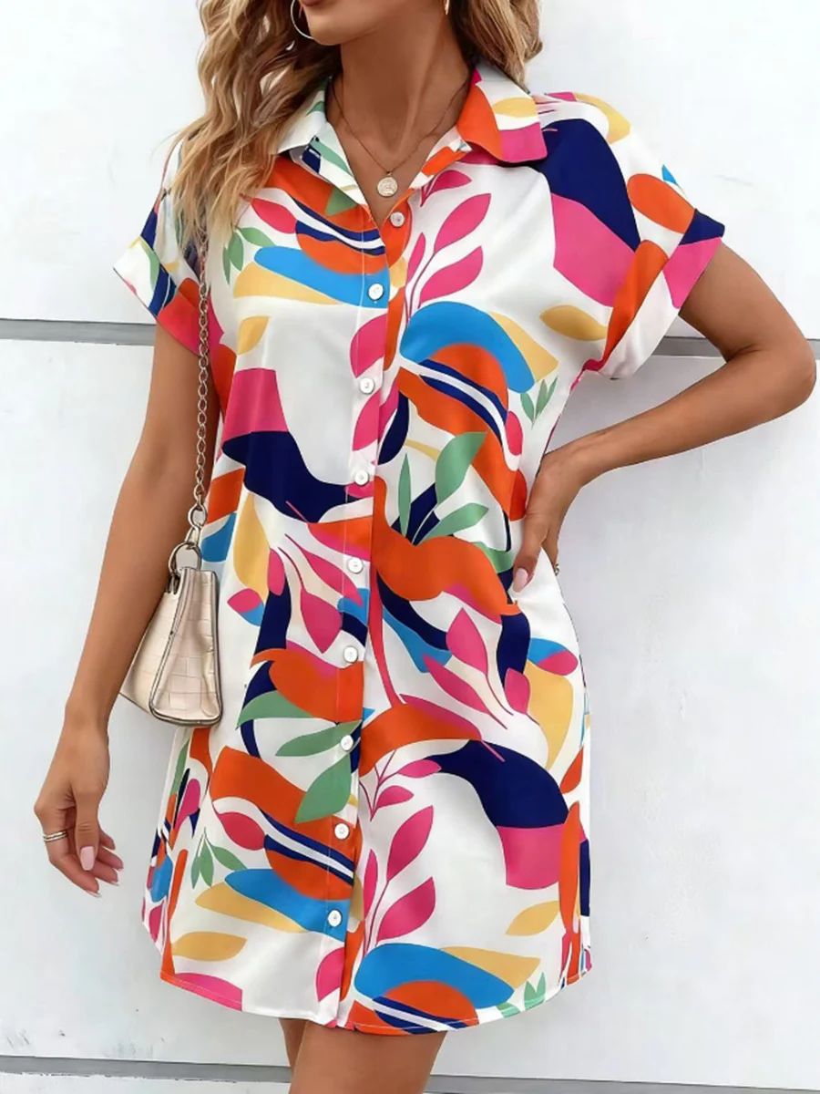 Short Sleeves Buttoned Contrast Color Printed Lapel Mini Dresses Shirt Dress - Image 11