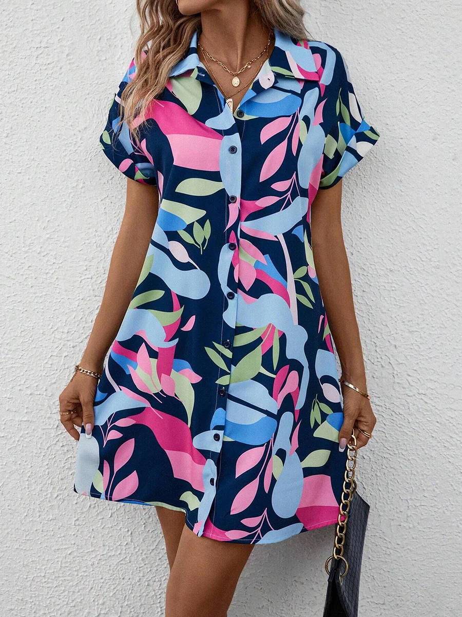 Short Sleeves Buttoned Contrast Color Printed Lapel Mini Dresses Shirt Dress - Image 12