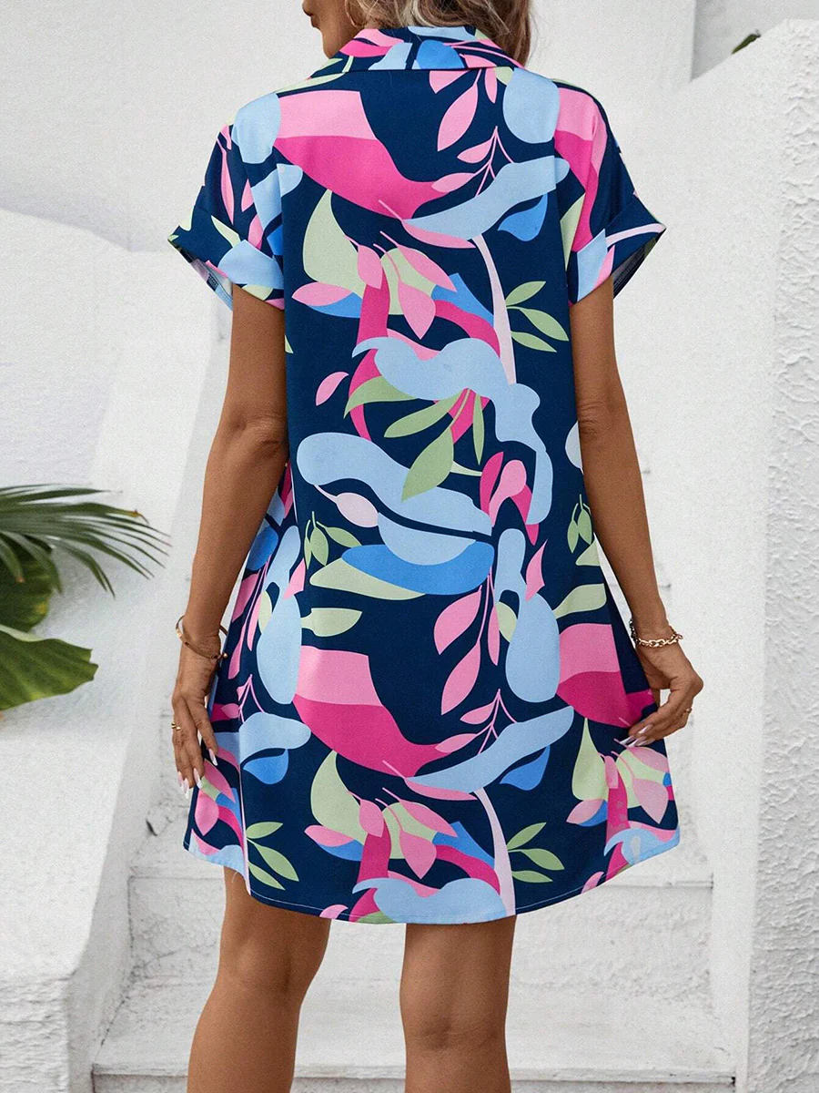 Short Sleeves Buttoned Contrast Color Printed Lapel Mini Dresses Shirt Dress - Image 13