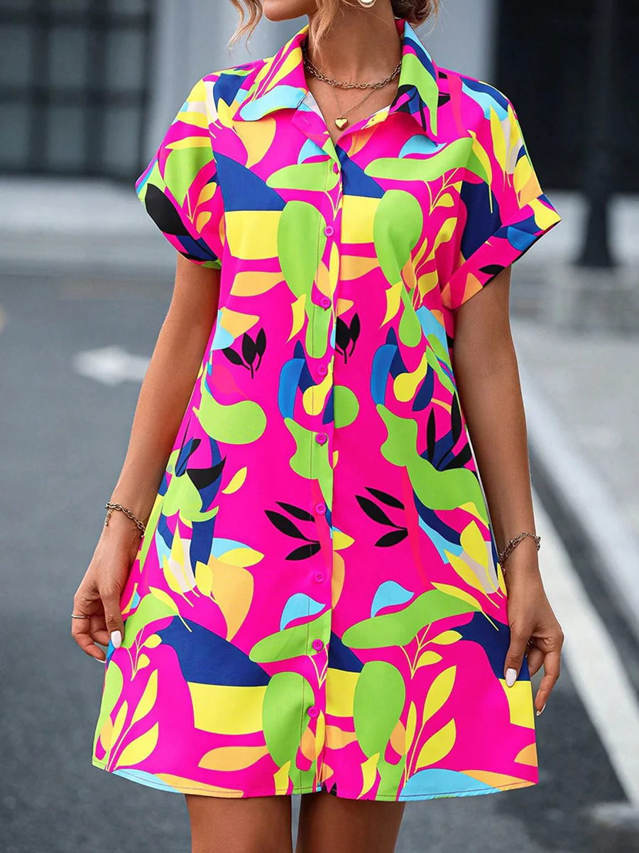 Short Sleeves Buttoned Contrast Color Printed Lapel Mini Dresses Shirt Dress - Image 2