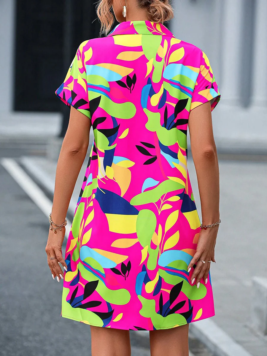 Short Sleeves Buttoned Contrast Color Printed Lapel Mini Dresses Shirt Dress - Image 3