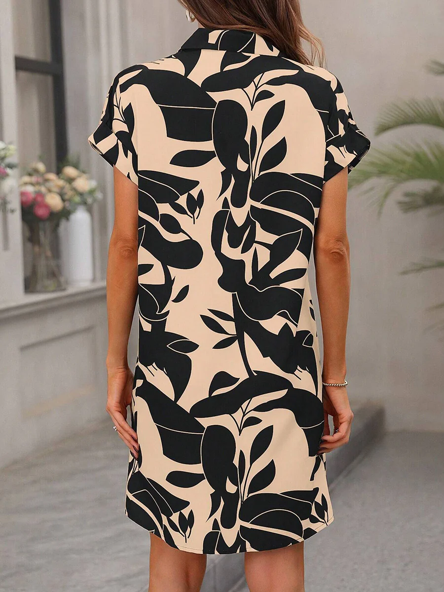Short Sleeves Buttoned Contrast Color Printed Lapel Mini Dresses Shirt Dress - Image 5