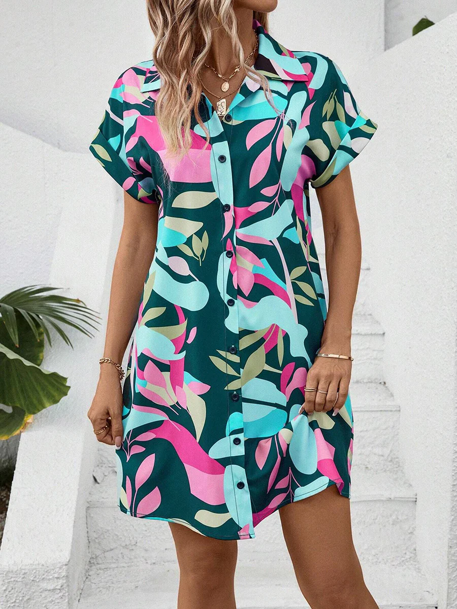Short Sleeves Buttoned Contrast Color Printed Lapel Mini Dresses Shirt Dress - Image 6