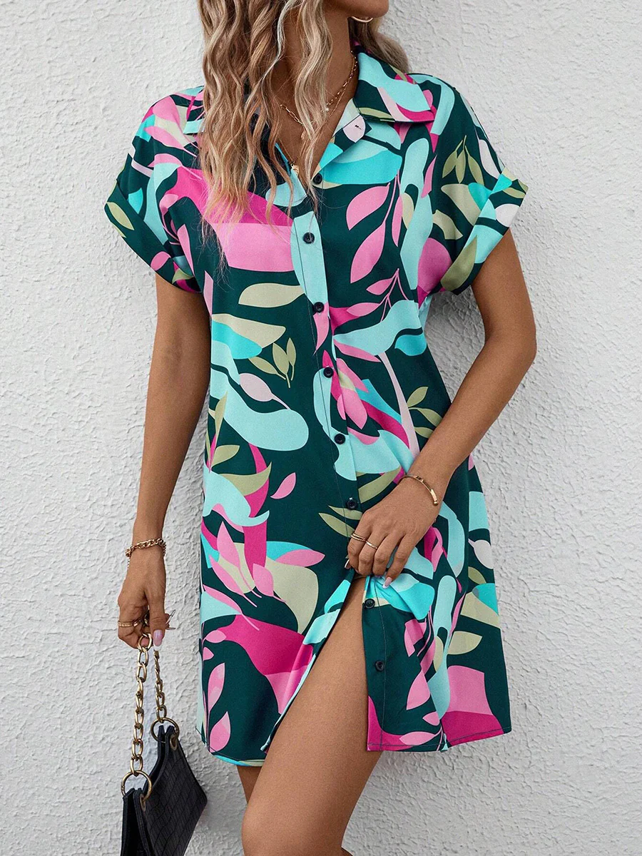 Short Sleeves Buttoned Contrast Color Printed Lapel Mini Dresses Shirt Dress - Image 7