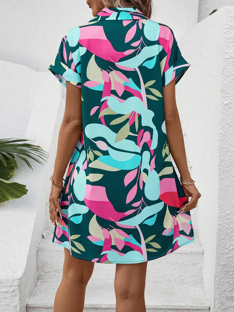 Short Sleeves Buttoned Contrast Color Printed Lapel Mini Dresses Shirt Dress - Image 8