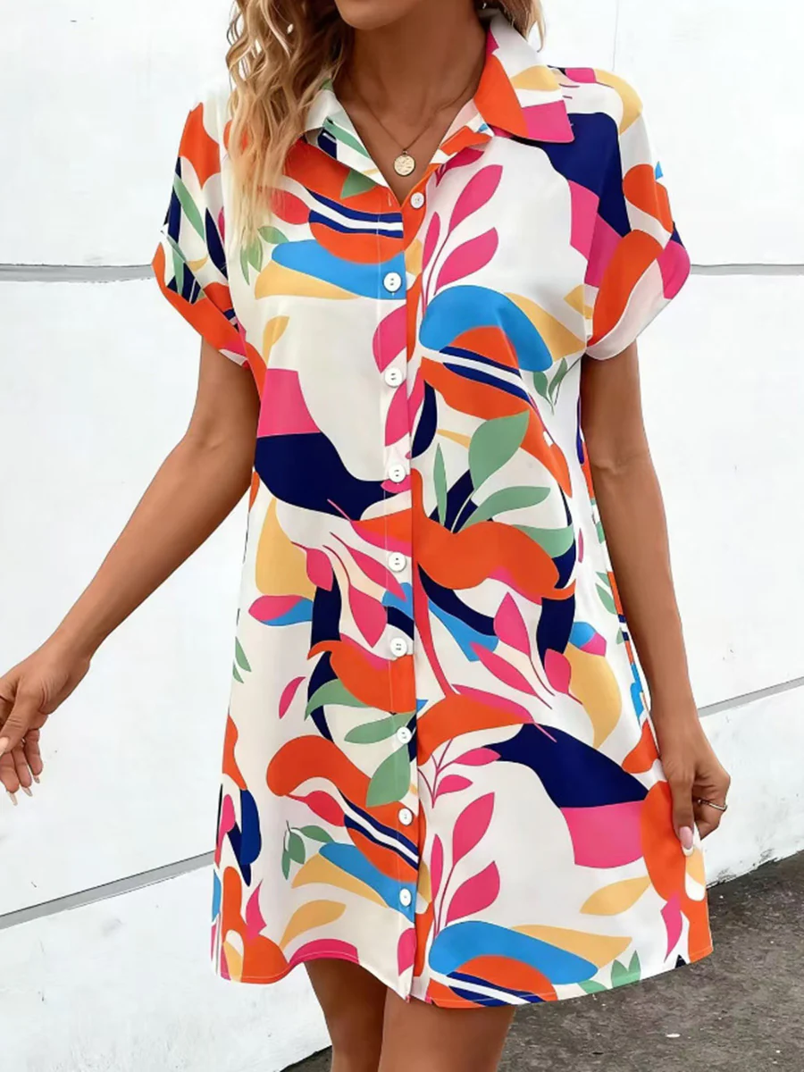 Short Sleeves Buttoned Contrast Color Printed Lapel Mini Dresses Shirt Dress - Image 9
