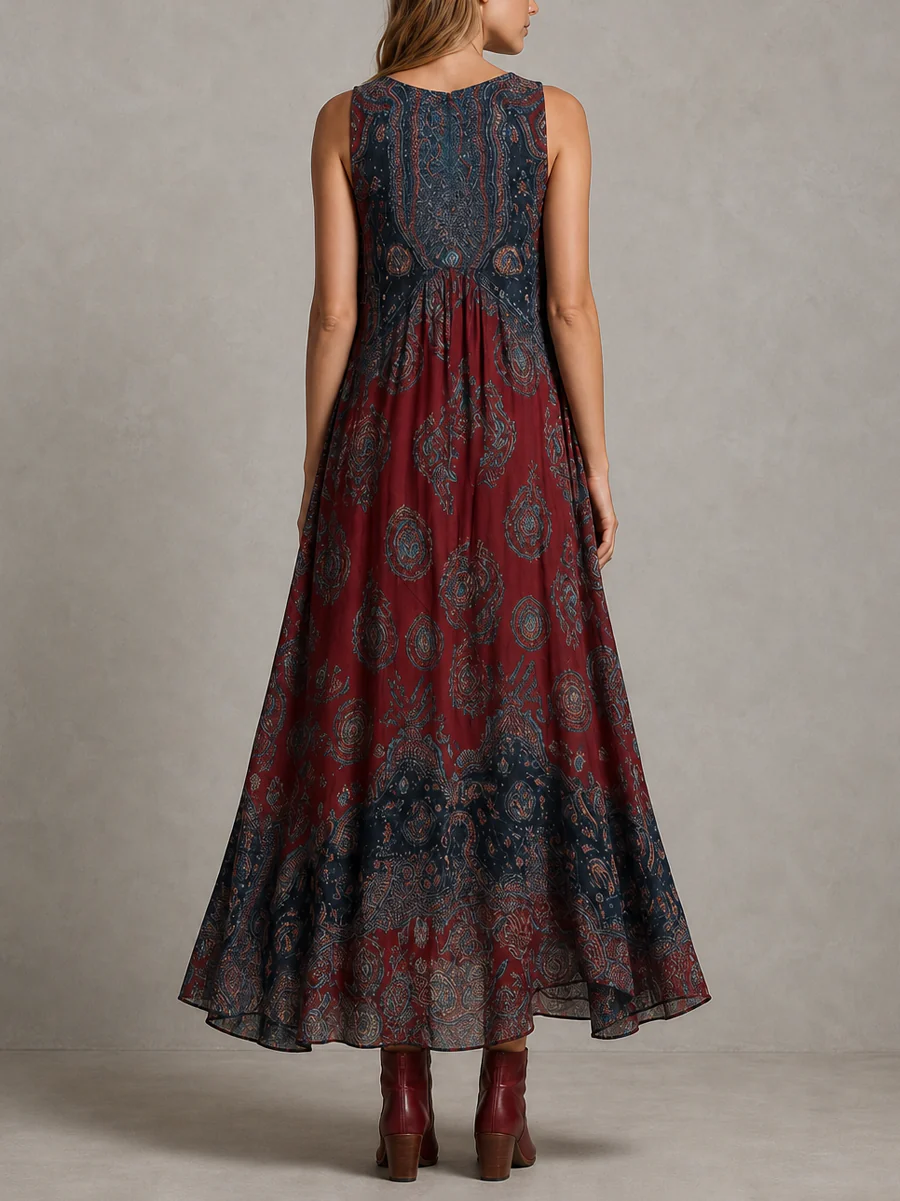 Loose Sleeveless Contrast Color Pleated Printed V-Neck Maxi Dresses - Image 3