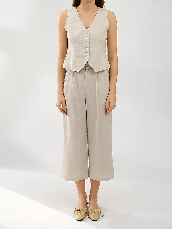 Solid Color Sleeveless Buttoned Deep V-Neck Vest Top + Pleated Straight Leg Pants Bottom Two Pieces Set - Image 10