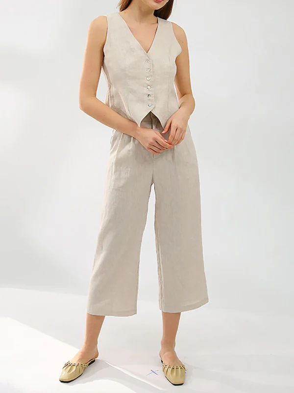 Solid Color Sleeveless Buttoned Deep V-Neck Vest Top + Pleated Straight Leg Pants Bottom Two Pieces Set - Image 11