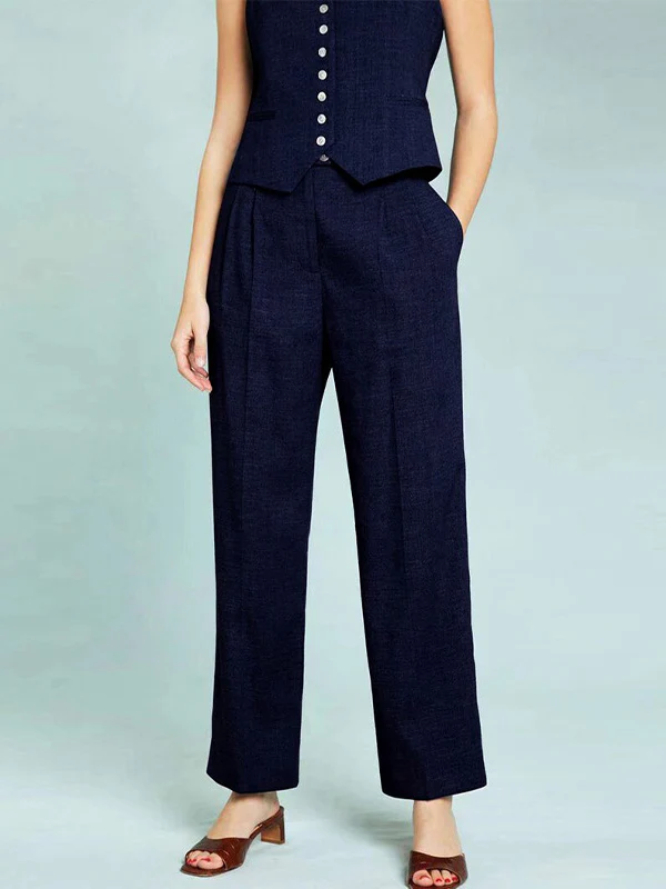 Solid Color Sleeveless Buttoned Deep V-Neck Vest Top + Pleated Straight Leg Pants Bottom Two Pieces Set - Image 12