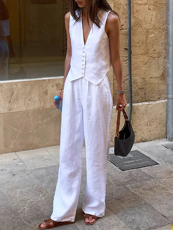 Solid Color Sleeveless Buttoned Deep V-Neck Vest Top + Pleated Straight Leg Pants Bottom Two Pieces Set - Image 3