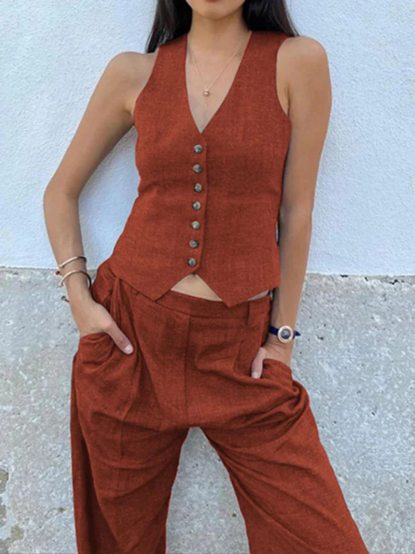 Solid Color Sleeveless Buttoned Deep V-Neck Vest Top + Pleated Straight Leg Pants Bottom Two Pieces Set - Image 7