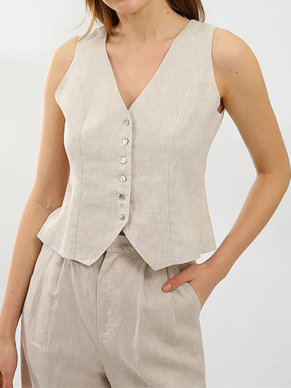 Solid Color Sleeveless Buttoned Deep V-Neck Vest Top + Pleated Straight Leg Pants Bottom Two Pieces Set - Image 8