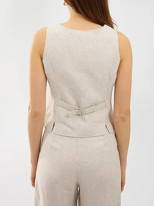 Solid Color Sleeveless Buttoned Deep V-Neck Vest Top + Pleated Straight Leg Pants Bottom Two Pieces Set - Image 9