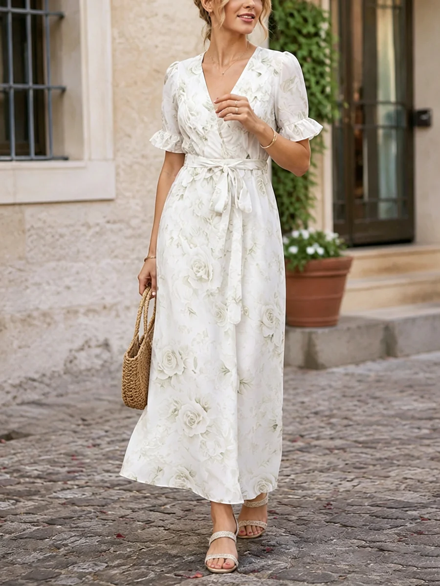 Tied Waist Split-Joint Ruffled Flower Print Contrast Color Short Sleeves Loose Deep V-Neck Maxi Dresses - Image 2