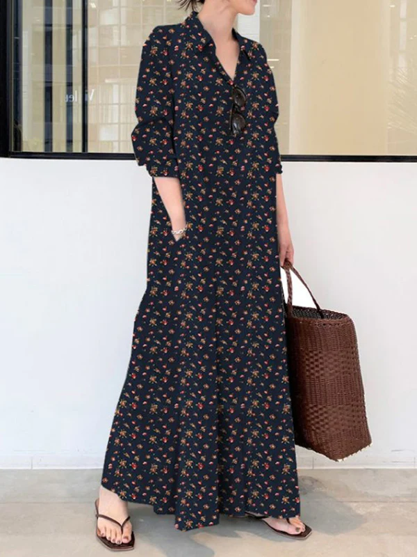 Vintage Printed Lapel Long Sleeve Shirt Maxi Dress - Image 2