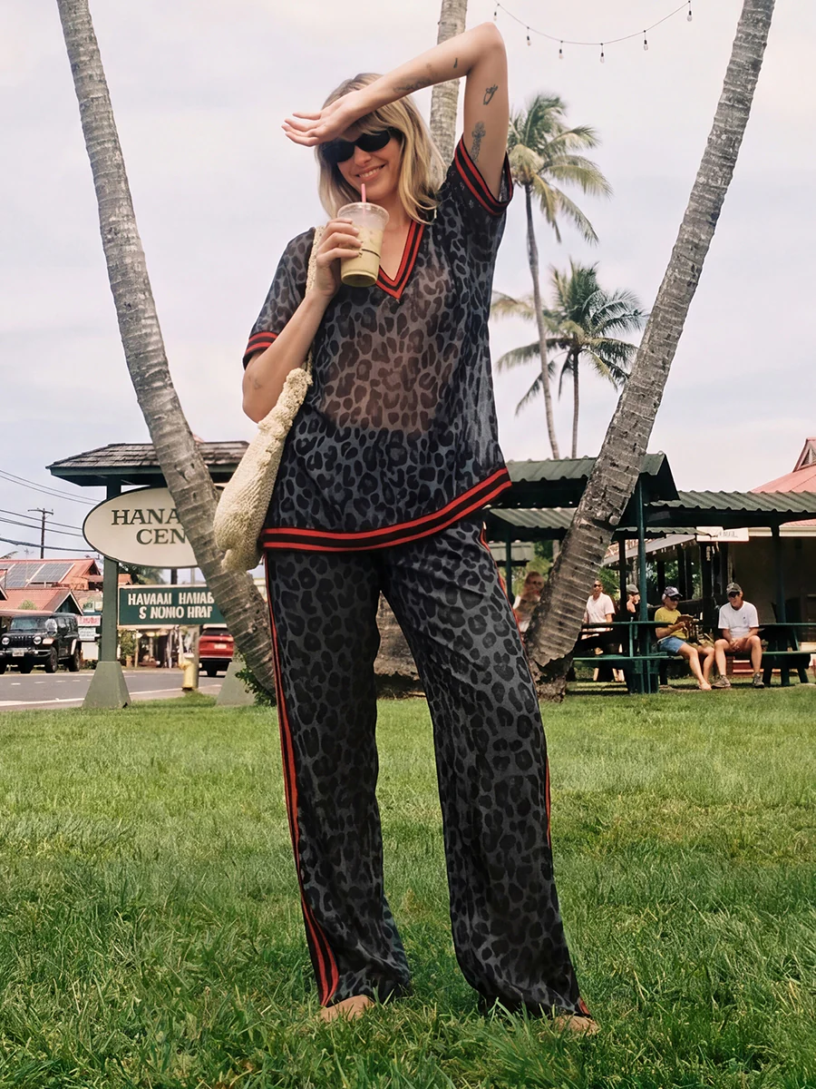 Loose Wide Leg Contrast Color Leopard Pockets See-Through Split-Joint Striped Pants Trousers - Image 4